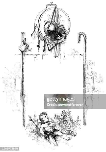 cupid and musical instruments frame - 19th century - shepherds staff stock illustrations