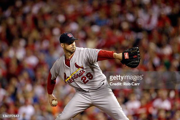 Chris Carpenter of the St. Louis Cardinals throws a pitch against the Philadelphia Phillies during Game Five of the National League Divisional Series...