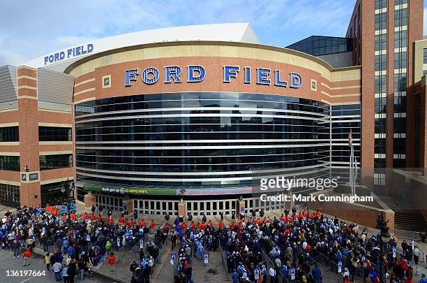 General exterior view of Ford Field as fans line up to enter before the game between the Detroit Lions and the San Diego Chargers at Ford Field on...