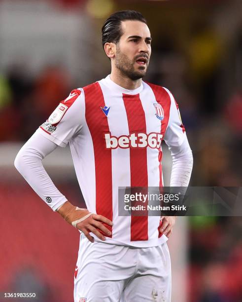 Mario Vrancic of Stoke City reacts during the Sky Bet Championship match between Stoke City and Derby County at Bet365 Stadium on December 30, 2021...