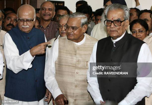Leader of the opposition and Bharatiya Janata Party leader Lal Krishna Advani , former Indian Prime Minister Atal Behari Vajpayee and opposition...