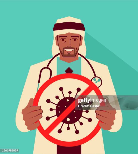 the doctor is holding a coronavirus prohibitory sign (covid free zone) - arabic doctor stock illustrations