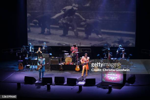 David Catlin-Birch, Hugo Degenhardt, Andre Barreau and Adam Hastings of The Bootleg Beatles perform on stage at the Hammersmith Apollo on December...