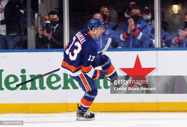 Mathew Barzal of the New York Islanders celebrates his first period goal against the Buffalo Sabres at the UBS Arena on December 30, 2021 in Elmont,...