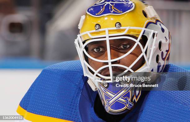 Malcolm Subban of the Buffalo Sabres tends net against the New York Islanders during the second period at the UBS Arena on December 30, 2021 in...