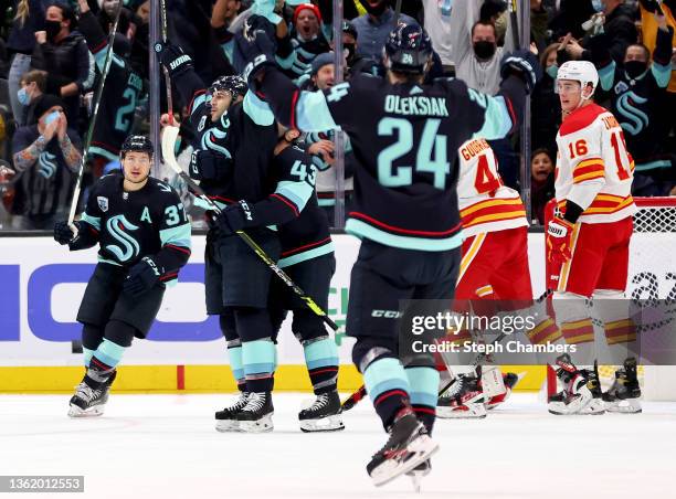 Mark Giordano of the Seattle Kraken celebrates his goal during the first period against the Calgary Flames at Climate Pledge Arena on December 30,...