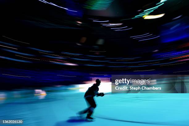 Jordan Eberle of the Seattle Kraken warms up before the game against the Calgary Flames at Climate Pledge Arena on December 30, 2021 in Seattle,...