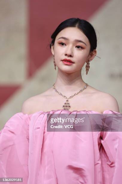 Actress Jelly Lin attends the closing ceremony of the 30th China Golden Rooster and Hundred Flowers Film Festival on December 30, 2021 in Xiamen,...