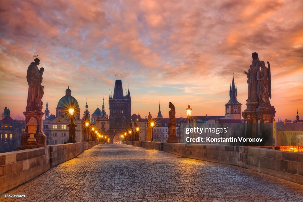 Wonderful sunrise on Charles Bridge, Prague. No People