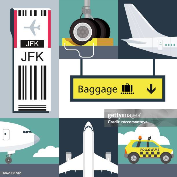 ilustraciones, imágenes clip art, dibujos animados e iconos de stock de collage de aeropuerto - pista de aterrizaje