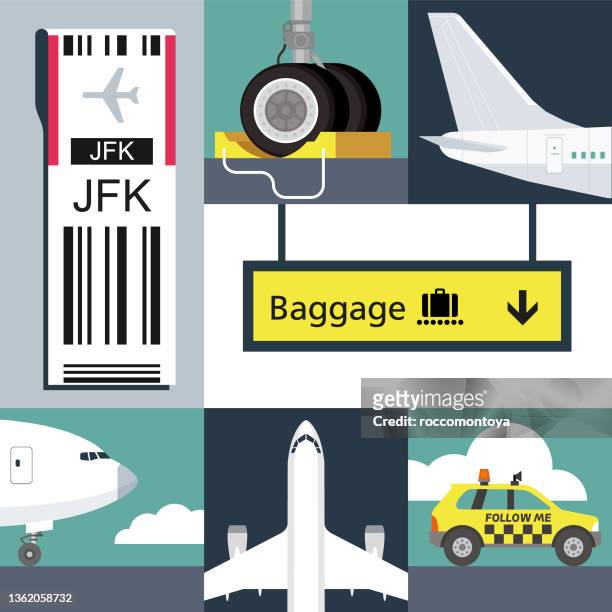 stockillustraties, clipart, cartoons en iconen met airport collage - bagagelabel