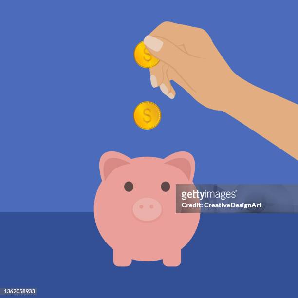 saving money concept with throwing money into the piggy bank - bank cartoon stock illustrations