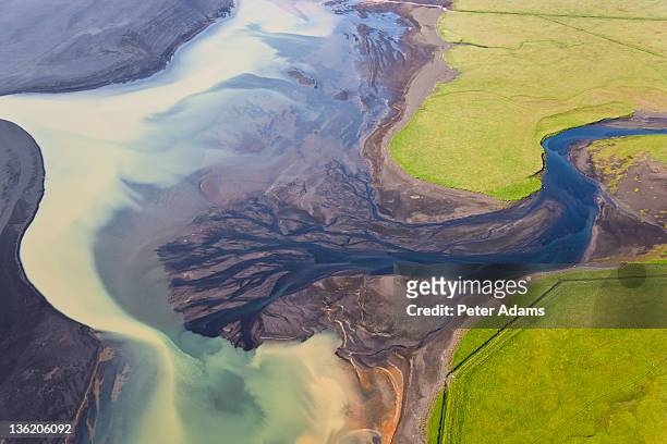 aerial view of river estuary or delta,iceland - nun river estuary stock-fotos und bilder