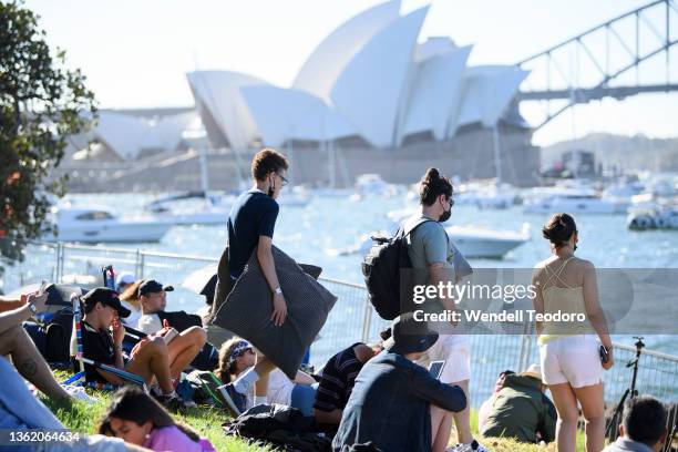 Small group of people are seen at Mrs Macquaries Point with limited numbers enforced during New Year’s Eve celebrations on December 31, 2021 in...