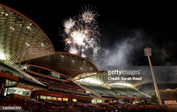 Fireworks after the Men's Big Bash League match between the Adelaide Strikers and the Sydney Thunder at Adelaide Oval, on December 31 in Adelaide,...