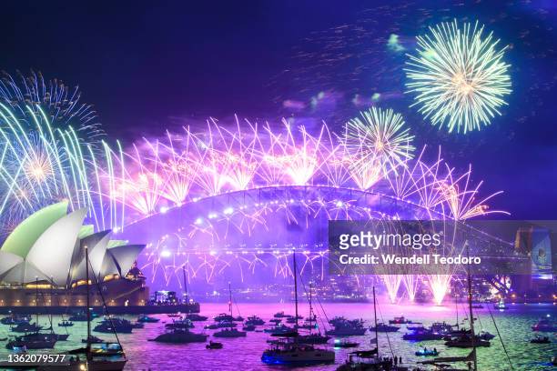 Fireworks are seen over Sydney harbour during New Year's Eve celebrations on January 01, 2022 in Sydney, Australia. New Year's Eve celebrations...