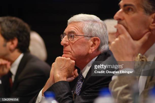 View of American businessman and philanthropist Eli Broad , among others, during an event on the Michigan State University campus, East Lansing,...