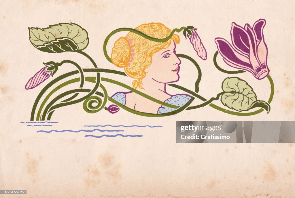 Élément De Design Art Nouveau Pour La Décoration Fleur Violette Avec Dessin  De Femme 1898 Illustration - Getty Images