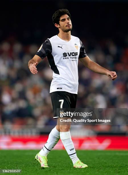 Goncalo Guedes of Valencia CF reacts during the La Liga Santander match between Valencia CF and RCD Espanyol at Estadio Mestalla on December 31, 2021...