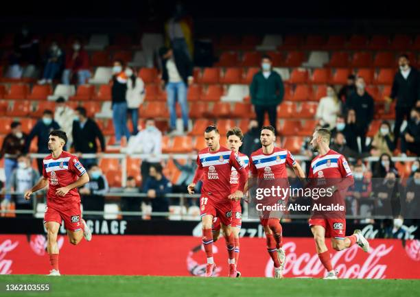 Raul de Tomas of RCD Espanyol celebrates after scoring goal during the LaLiga Santander match between Valencia CF and RCD Espanyol at Estadio...