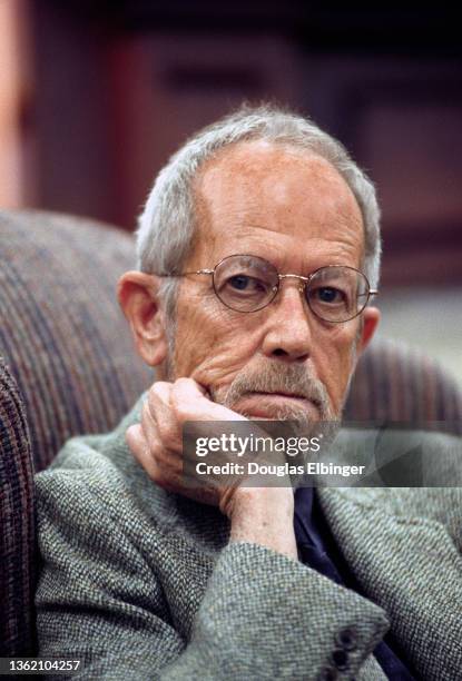 Portrait of American author Elmore Leonard during an event at an unspecified bookshop, East Lansing, Michigan, June 1, 2003.