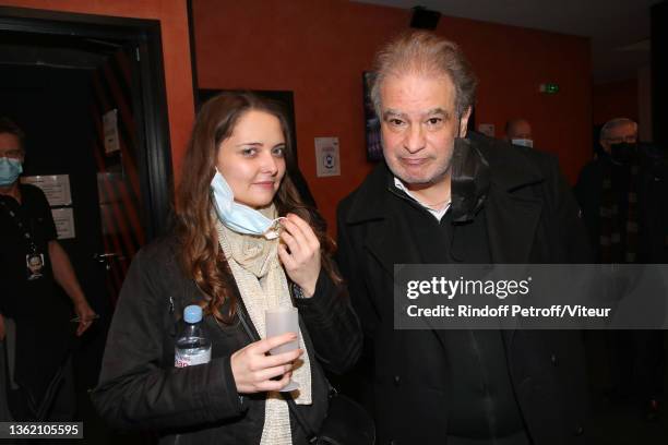 Alix Thierry and Raphaël Mezrahi pose after the "Laurent Gerra sans Moderation" Show at L'Olympia on December 30, 2021 in Paris, France.