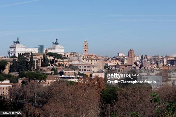 View of the Altare della Patria from the "Belvedere Luigi Magni" terrace near the historic center of Rome on December 31, 2021 in Rome, Italy.
