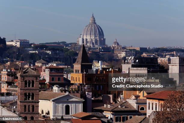 View of St. Peter's Dome from the "Belvedere Luigi Magni" terrace near the historic center of Rome on December 31, 2021 in Rome, Italy.