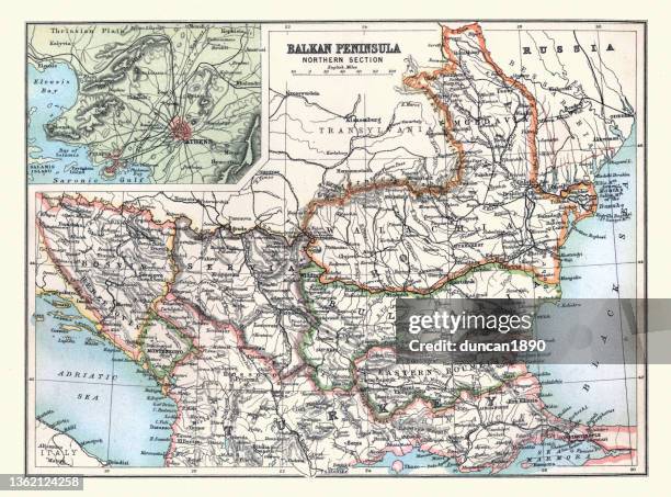antique map of balkan peninsula, northern section, detail of athens, albania, bosnia, bulgaria, croatia, greece, kosovo, montenegro, romania, serbia - bulgaria stock illustrations