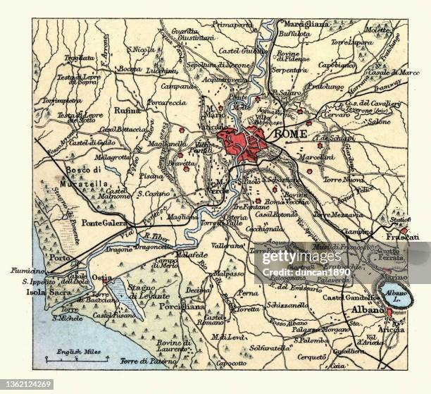 antike landkarte der gegend um rom, italien, 19. jahrhundert, 1890er - romantique stock-grafiken, -clipart, -cartoons und -symbole