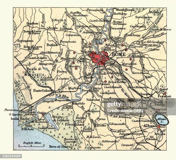 antique map of the area around rome, italy, 19th century, 1890s - map of rome italy stock illustrations