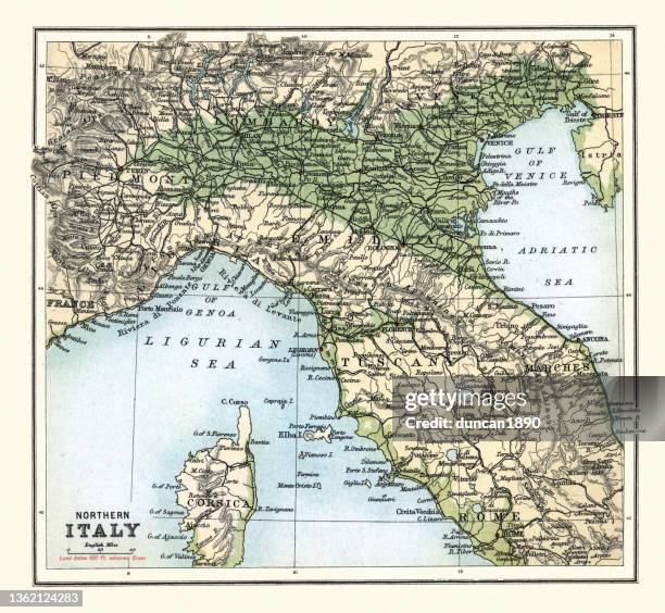 ilustrações de stock, clip art, desenhos animados e ícones de antique map of northern italy, 19th century, 1890s, aosta valley, piedmont, liguria, lombardy, tuscany, veneto - mar adriático