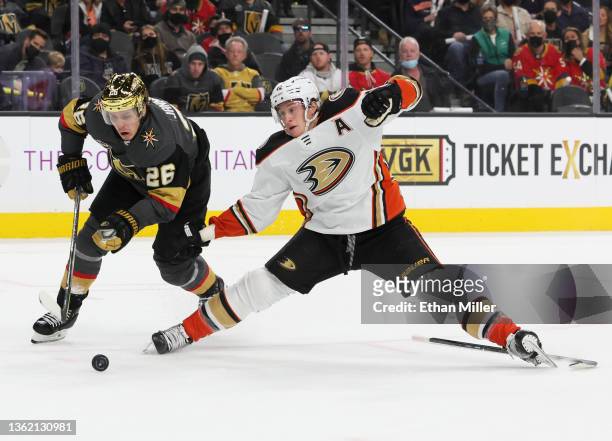 Mattias Janmark of the Vegas Golden Knights reacts after getting pushed by Josh Manson of the Anaheim Ducks after he lost his stick in the second...