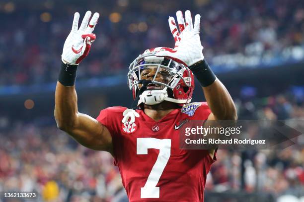 Ja'Corey Brooks of the Alabama Crimson Tide celebrates his touchdown against the Cincinnati Bearcats during the second quarter in the Goodyear Cotton...
