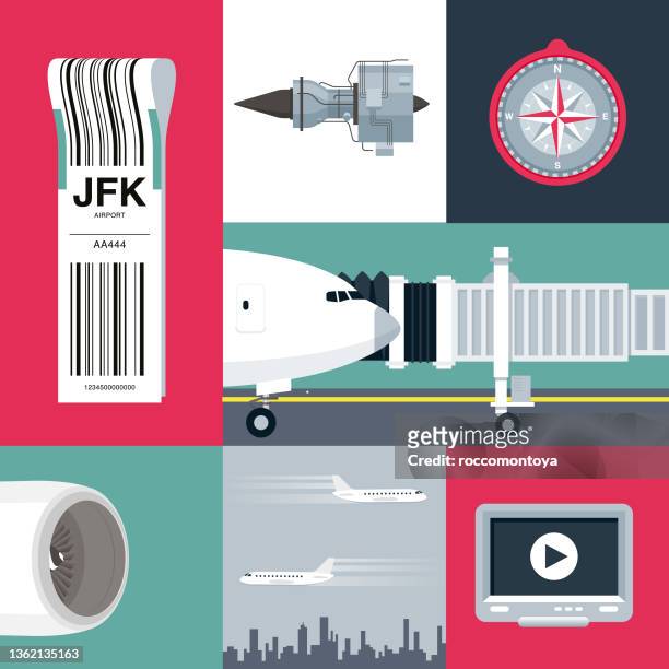 ilustraciones, imágenes clip art, dibujos animados e iconos de stock de collage de aerolíneas - ala de avión