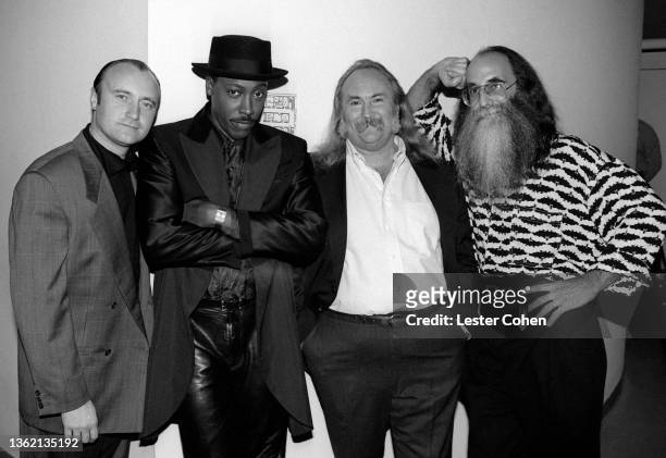 View of, from left, English Pop and Rock musician Phil Collins, American actor & talk show host Arsenio Hall, America Folk musician David Crosby, and...