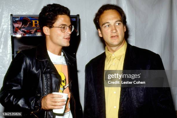 American actor, producer, and director Rob Lowe and American actor, comedian, singer and musician Jim Belushi attend the Rolling Stones concert...