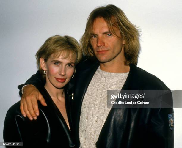 English actress, film producer and director Trudie Styler and English musician, singer, songwriter and actor Sting, pose for a portrait circa 1989 in...