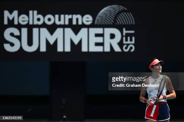 Emma Raducanu of Great Britain looks on during a practice session on Rod Laver Arena at Melbourne Park on January 01, 2022 in Melbourne, Australia.