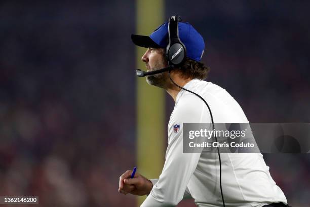 Wide receivers coach Mike Groh of the Indianapolis Colts calls a play during the second half of the game against the Arizona Cardinals at State Farm...