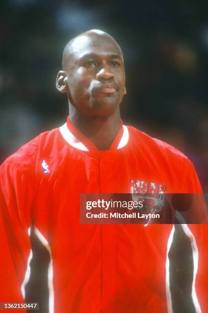 Michael Jordan of the Chicago Bulls looks on before a NBA basketball game against the Washington Bullets at Capital Centre on December 23, 1992 in...