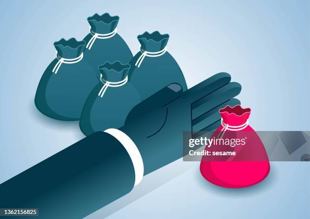 hand separates five money bags, business concept illustration - financial occupation stock illustrations