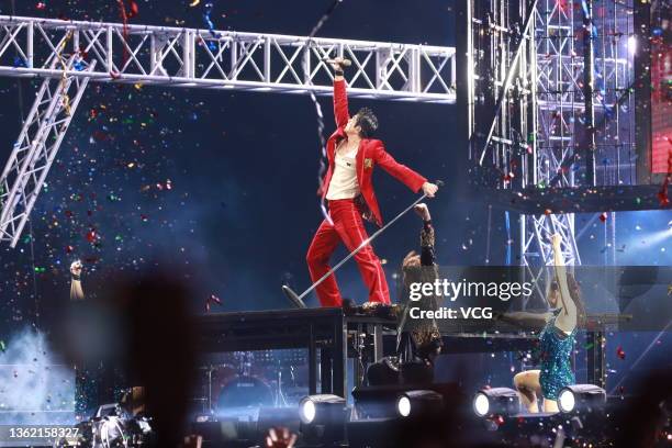 Singer Aaron Kwok Fu-shing performs on the stage during a New Year's Eve Gala on January 1, 2022 in Hong Kong, China.