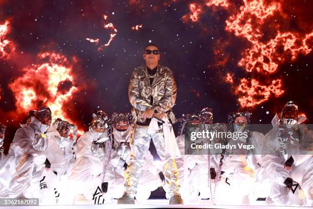 Puerto Rican native Daddy Yankee performs on Dick Clark’s New Year’s Rockin’ Eve with Ryan Seacrest 2022 during the show’s first ever Spanish...