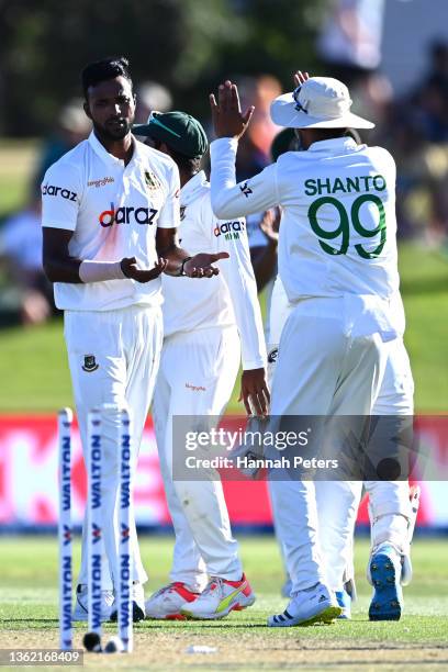 Ebadat Hossain of Bangladesh celebrates the wicket of Tom Blundell of the Black Caps during day one of the First Test Match in the series between New...