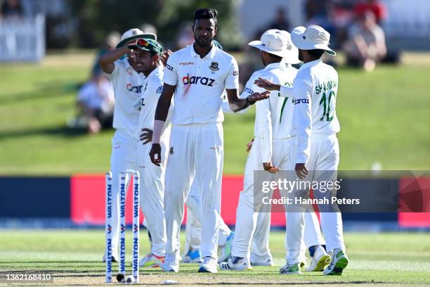 Ebadat Hossain of Bangladesh celebrates the wicket of Tom Blundell of the Black Caps during day one of the First Test Match in the series between New...