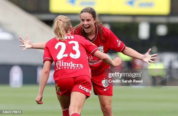 Emily Condon of Adelaide United celebrates her goal with Fiona Worts of Adelaide United during the round four A-League Women's match between Adelaide...