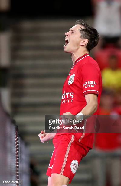 Craig Goodwin of United celebrates his goal from a penalty during the round seven A-League Men's match between Adelaide United and Wellington Phoenix...