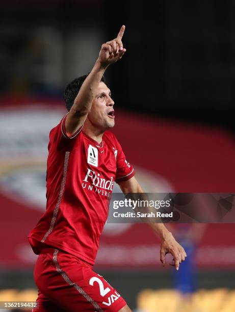 Javi Lopez of United celebrates a goal during the round seven A-League Men's match between Adelaide United and Wellington Phoenix at Coopers Stadium,...