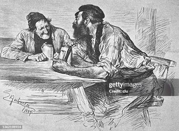 two men after work in the restaurant, gossiping - after work beer stock illustrations